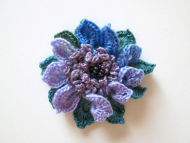 Crochet Flower Brooch Hat Shawl Scarf Pin Lavender Violet Lilac Light Purple Green Blue Color image 3