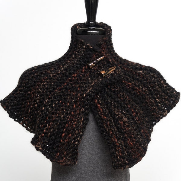 Outlander Inspired Knitted Capelet Black Color with Brown Speckles Cowl Turtleneck with Toggle Buttons