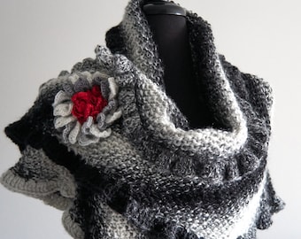 Knitted Ruffled Shawl Dark Light Gray Color with Crochet Flower Brooch