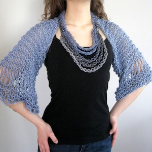 Organic Cotton Knitted Shrug Bolero Sleeves Light Blue Denim Color