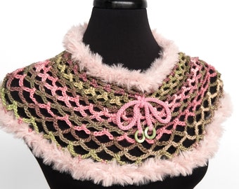 Crochet Collar Flower Fairy Capelet with Pink Cord Ties  and Faux Fur Trim