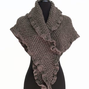 Knitted  Virgin Wool Brown Rustic Shawl Wrap with Ruffles