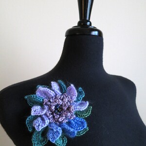 Crochet Flower Brooch Hat Shawl Scarf Pin Lavender Violet Lilac Light Purple Green Blue Color image 2