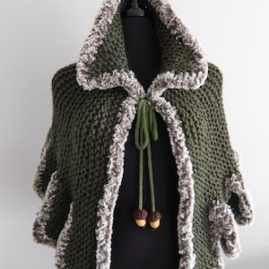 Knitted Capelet: Forest Green Wool Blend Mini Cape with Acorn Ties