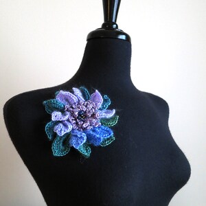 Crochet Flower Brooch Hat Shawl Scarf Pin Lavender Violet Lilac Light Purple Green Blue Color image 4