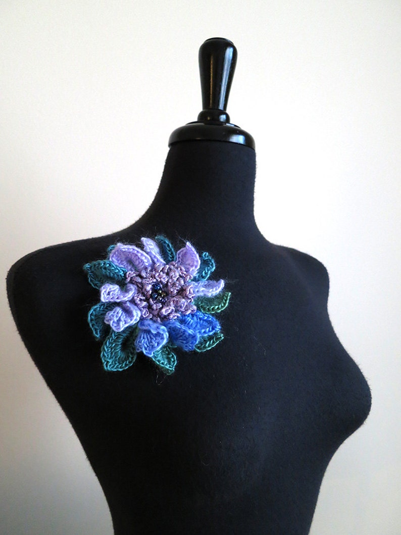 Crochet Flower Brooch Hat Shawl Scarf Pin Lavender Violet Lilac Light Purple Green Blue Color image 4