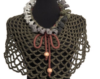 Green Crochet Capelet Cowl Collar with Brown Cord Ties and Wooden Beads