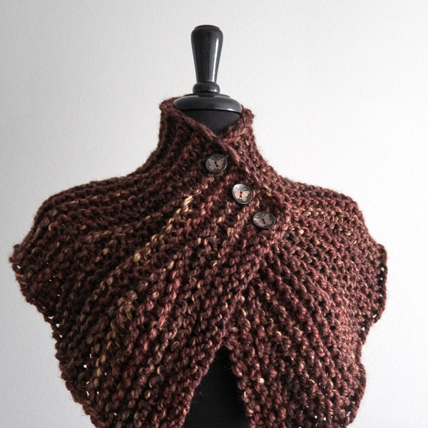 Outlander Inspired Knitted Capelet Brown Tweed Collar Cowl Turtleneck with Wooden Butterfly Buttons