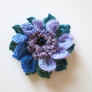 Crochet Flower Brooch Hat Shawl Scarf Pin Lavender Violet Lilac Light Purple Green Blue Color image 1