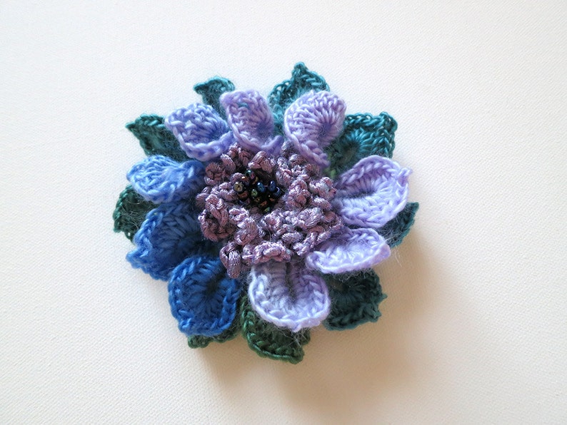 Crochet Flower Brooch Hat Shawl Scarf Pin Lavender Violet Lilac Light Purple Green Blue Color image 1