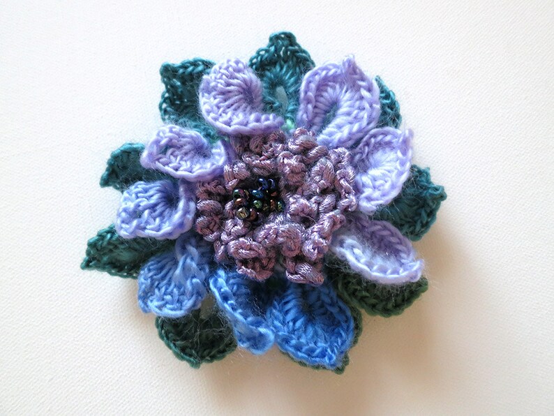 Crochet Flower Brooch Hat Shawl Scarf Pin Lavender Violet Lilac Light Purple Green Blue Color image 5