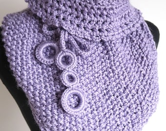 Knitted Kerchief Cowl Collar Gaiter Capelet Mini Shawl Sweet Lilac Lavender Violet Light Purple Color Scarf with Crocheted Ties  Rings