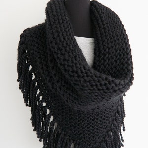 Knitted Black Wool Shawl with Long Fringe