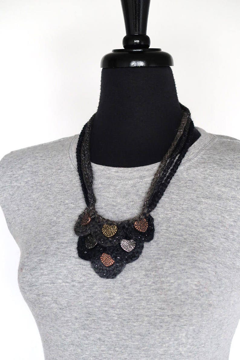Statement Necklace Steampunk Hearts Dark Gray Charcoal Color Etsy