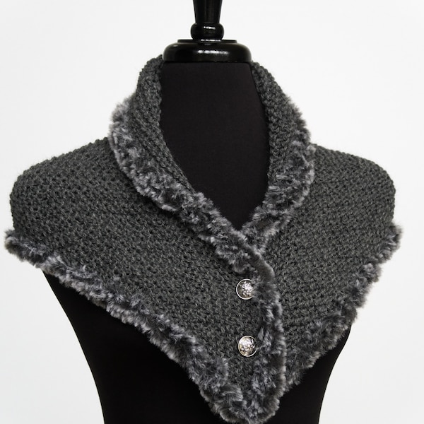 Outlander Inspired Knitted Wool Kerchief Dark Gray Color Collar with Faux Fur Trim and Buttons