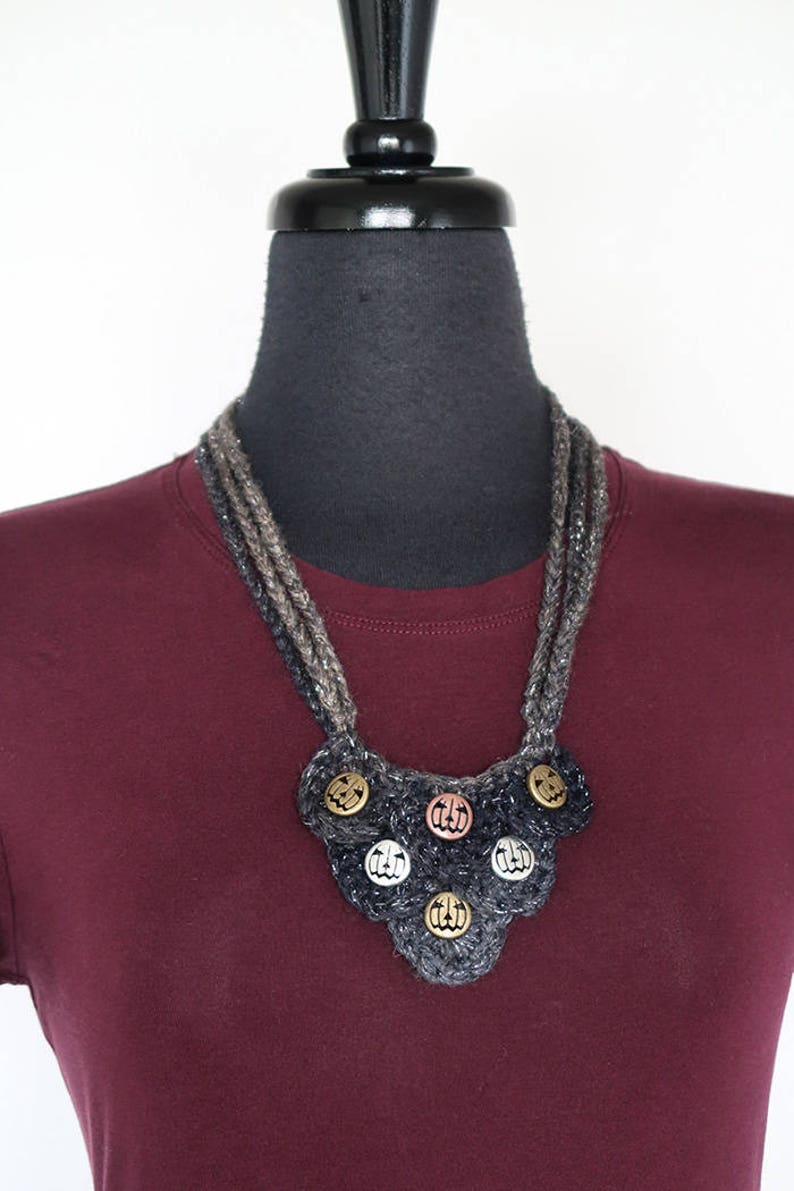 Pumpkin Patch Necklace Gray Charcoal Black Color Fiber Crochet Bib Style Statement Necklace with Metal Beads Pendants