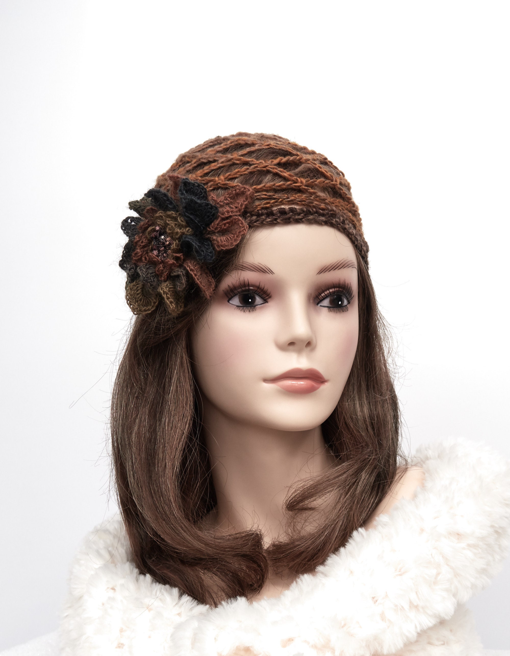 Crocheted Net Skull Cap Caramel Brown Color Flapper Hat With  display picture 2