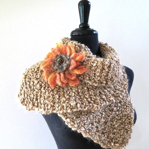 Knitted Scarf Collar Dickey Beige Wheat Oatmeal Color Cowl with Crochet Flower Brooch Pin