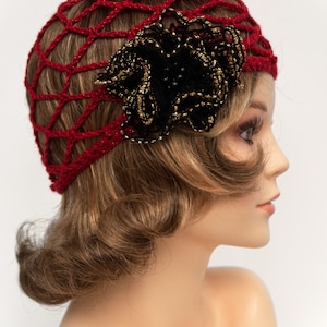 Crocheted Net Skull Cap Red Flapper Hat with Black Flower Brooch