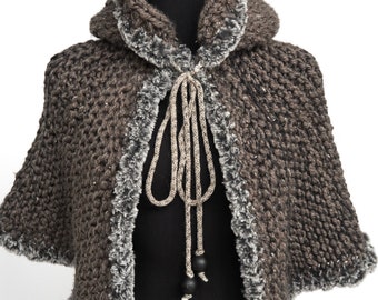 Knitted Hooded Cape Poncho Tweed Wrap with Faux Fur Trim and Cord Ties Wooden Beads
