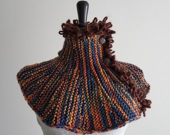 MOTHER'S DAY SALE - Knitted Capelet Cowl Turtleneck Brown Scarf Rainbow Colors Collar with Buttons