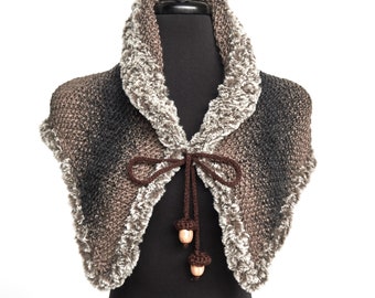Outlander Inspired Knitted Collar Capelet Mini Shawl Charcoal Gray Taupe Kerchief Faux Fur Trim and Cord Ties with Wooden Acorns