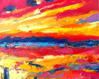 Framed Colorful Abstract Landscape Painting - Sunset Over Water