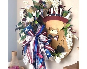 Grand Patriotic Highland Cow Wreath Patriotic Americana Decor