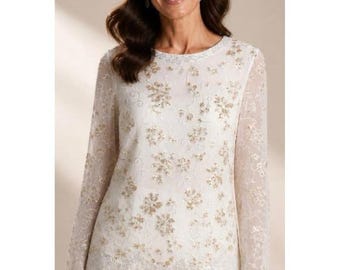 Vintage Heavily Beaded Sequin Tunic Blouse White Ivory Scallop Hem S Glam