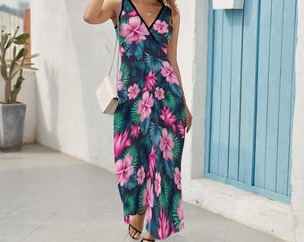 Vibrant Tropical Floral Maxi Dress, Sleeveless Flowing Silhouette, Lightweight Summer Beach Vacation Sundress
