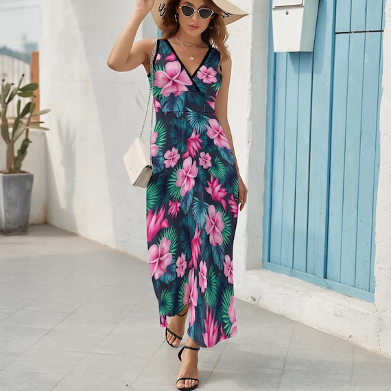 Tropical Print Sleeveless Maxi Dress: Hawaiian Floral Sundress