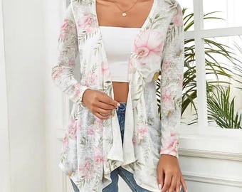 Lightweight Pink Floral Open Front Cardigan, Asymmetrical Hem Knit, Casual Chic Style