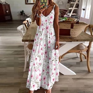Pink Floral Maxi Dress: Vintage Cottagecore Spaghetti Strap Sun Dress