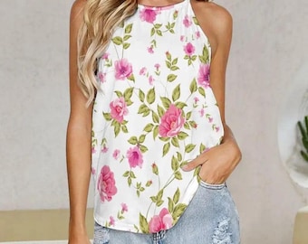 Romantic Pink Floral Halter Cami, Lightweight Breathable Cottagecore Tank, Relaxed Silhouette