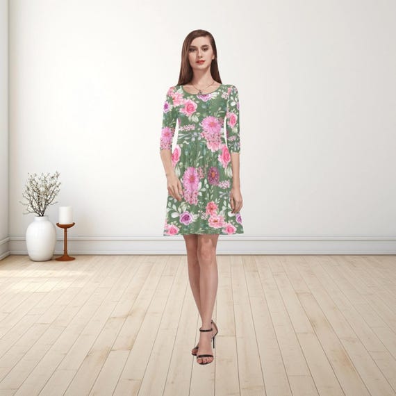 Romantic Floral Fit and Flare Midi Dress, Feminine Everyday Sage Green