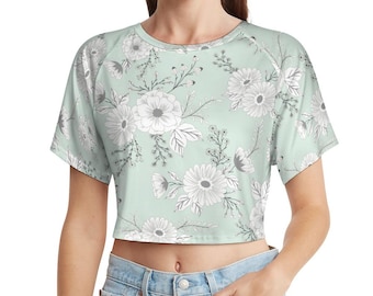 Mint Green Floral Crop Top: Short Sleeve Cropped Tee