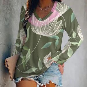 Vintage-Inspired Olive Green Long Sleeve Top with Whimsical Floral Design – A Must-Have for Boho Lovers