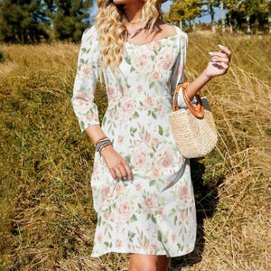 Vintage-Inspired Cottagecore Dress with Charming Sweetheart Neckline & Elbow-Length Sleeves – Ideal for Effortless Style at Any Occasion