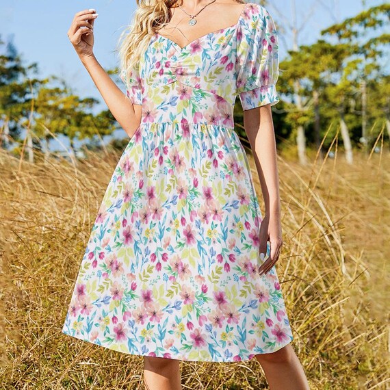Cottagecore Floral Sweetheart Midi Dress: Romantic Wedding Guest Dress