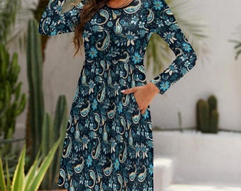 Boho Paisley Midi Dress, Long Sleeve Casual, Soft Everyday Flowy Fit