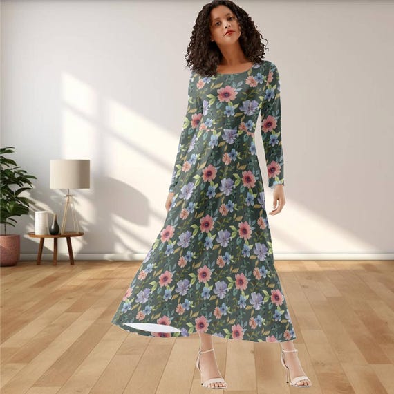 Green Floral Maxi Dress: Long Sleeve Fall Elegance