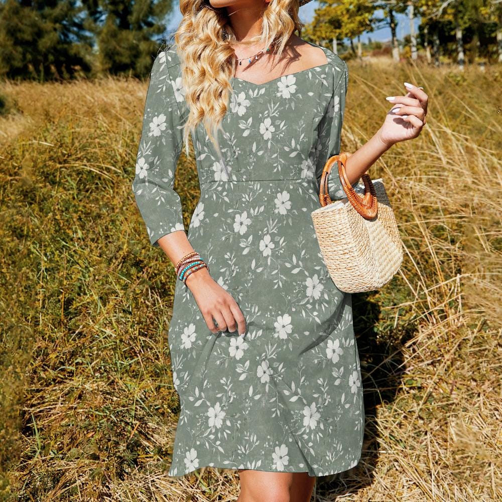 Sage Green Floral Midi Dress: Cottagecore Open Back 3/4 Sleeve