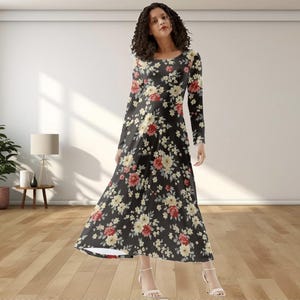 Black Floral Maxi Dress: Long Sleeve Ankle Length Print
