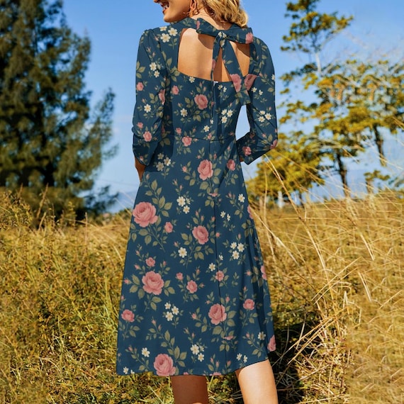 Navy Floral Midi Dress: Sweetheart Neckline, Open Back, Cottagecore Style