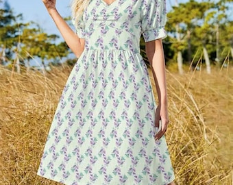 Flowy Lavender Floral Dress, Sweetheart Neckline, Puff Sleeves, Cottagecore Style