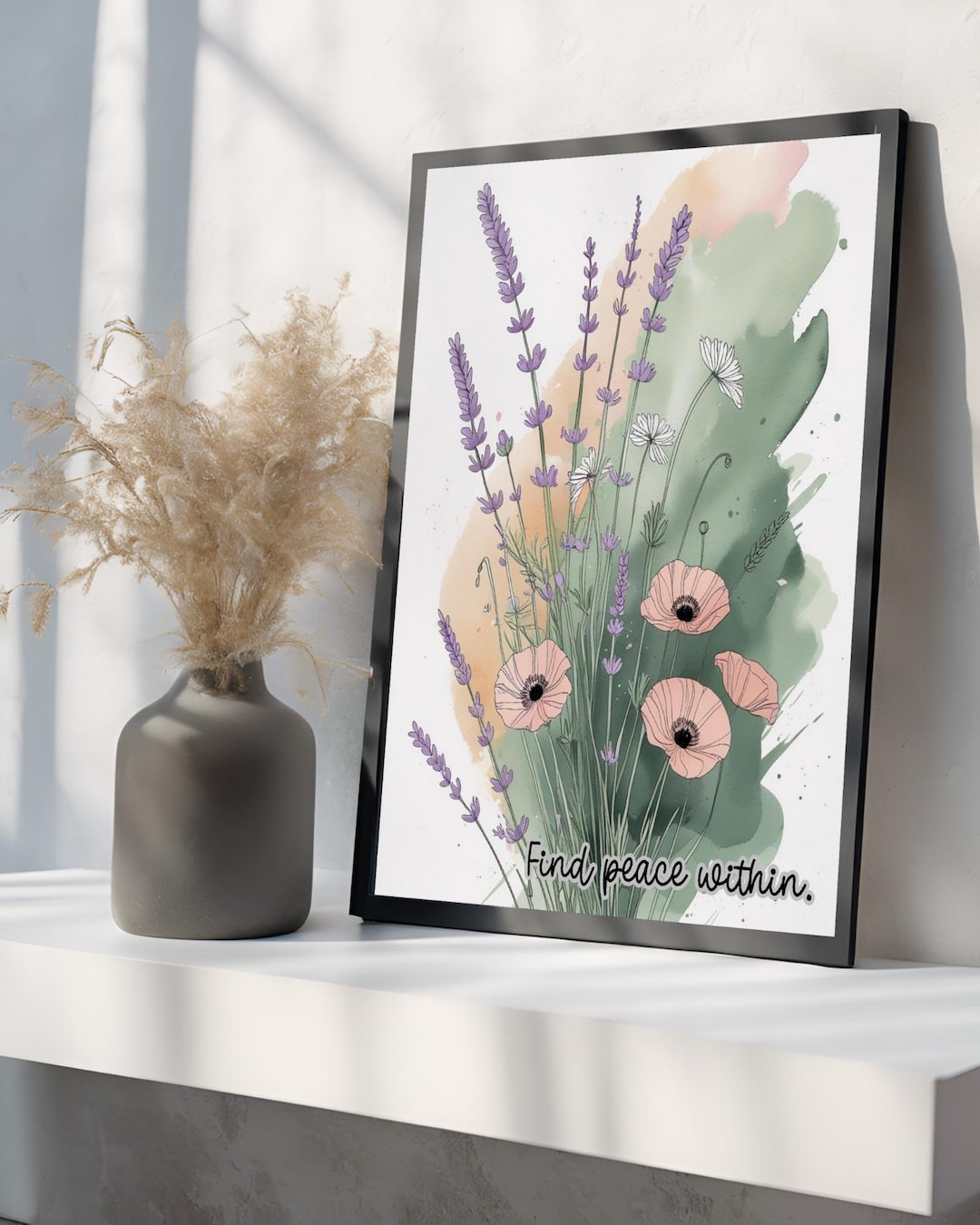 ラベンダーポピーのウォールアートプリント：内なる平和を見つける名言（デジタルダウンロードPNGファイル） - Etsy 日本, image size:1080x1350