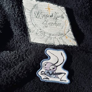 May include: Two embroidered patches. The first patch is white with black text that reads "Magical Niche" and a gold star. The second patch is white with a blue outline and depicts a pink cartoon cricket.