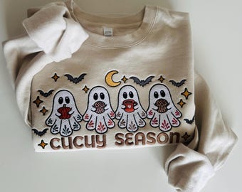 Cucuy Season Embroidered Ghost Halloween Sweatshirt | Spooky Fall Pullover, Cream Cozy Sweater