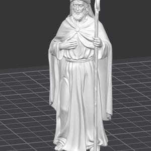 Op de afbeelding: 3D-ge&euml;ngineerde standbeeld van een figuur in gewaad met een lange baard en tulband. De figuur houdt een staf vast en heeft een hand op de borst. Het standbeeld is wit en staat op een raster.