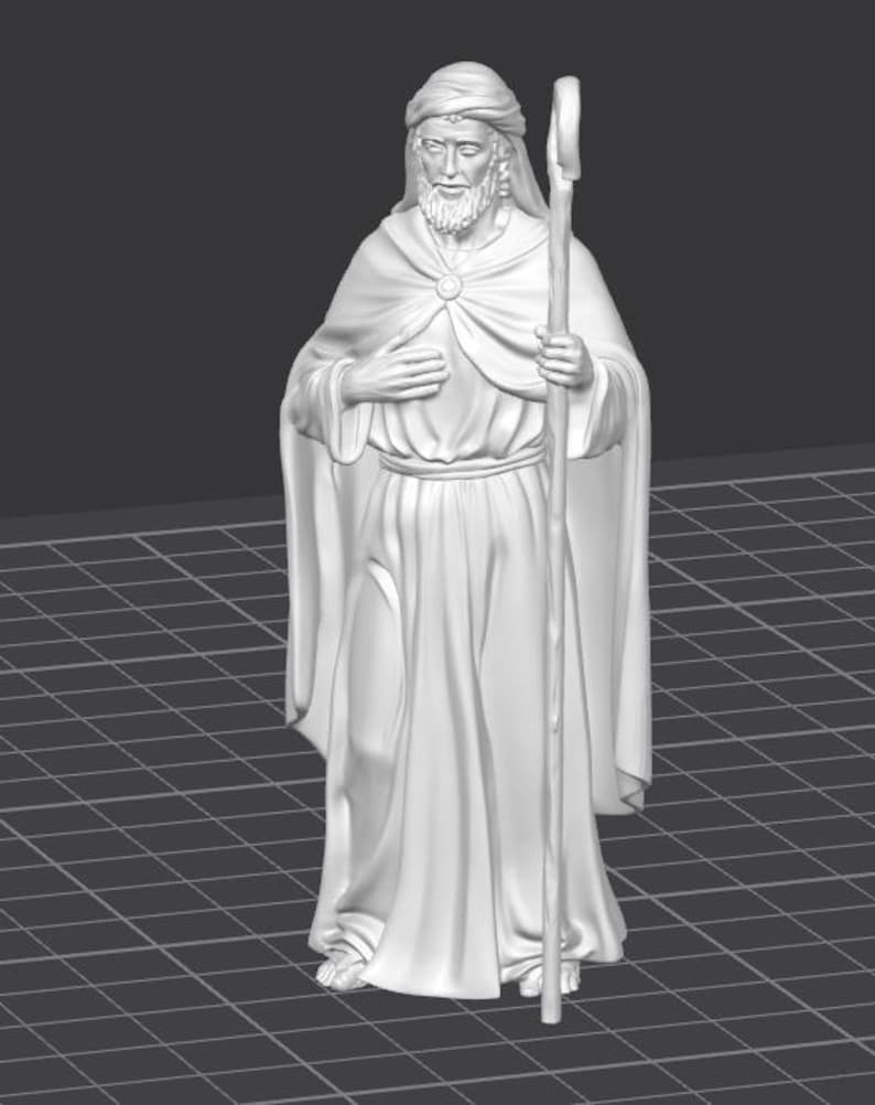 Op de afbeelding: 3D-ge&euml;ngineerde standbeeld van een figuur in gewaad met een lange baard en tulband. De figuur houdt een staf vast en heeft een hand op de borst. Het standbeeld is wit en staat op een raster.